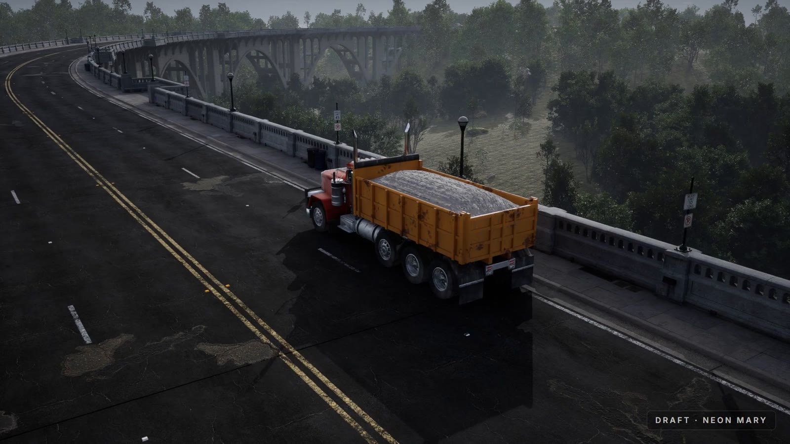 The bridge: a loaded truck crossing a valley viaduct, built and lit in Unreal Engine 5