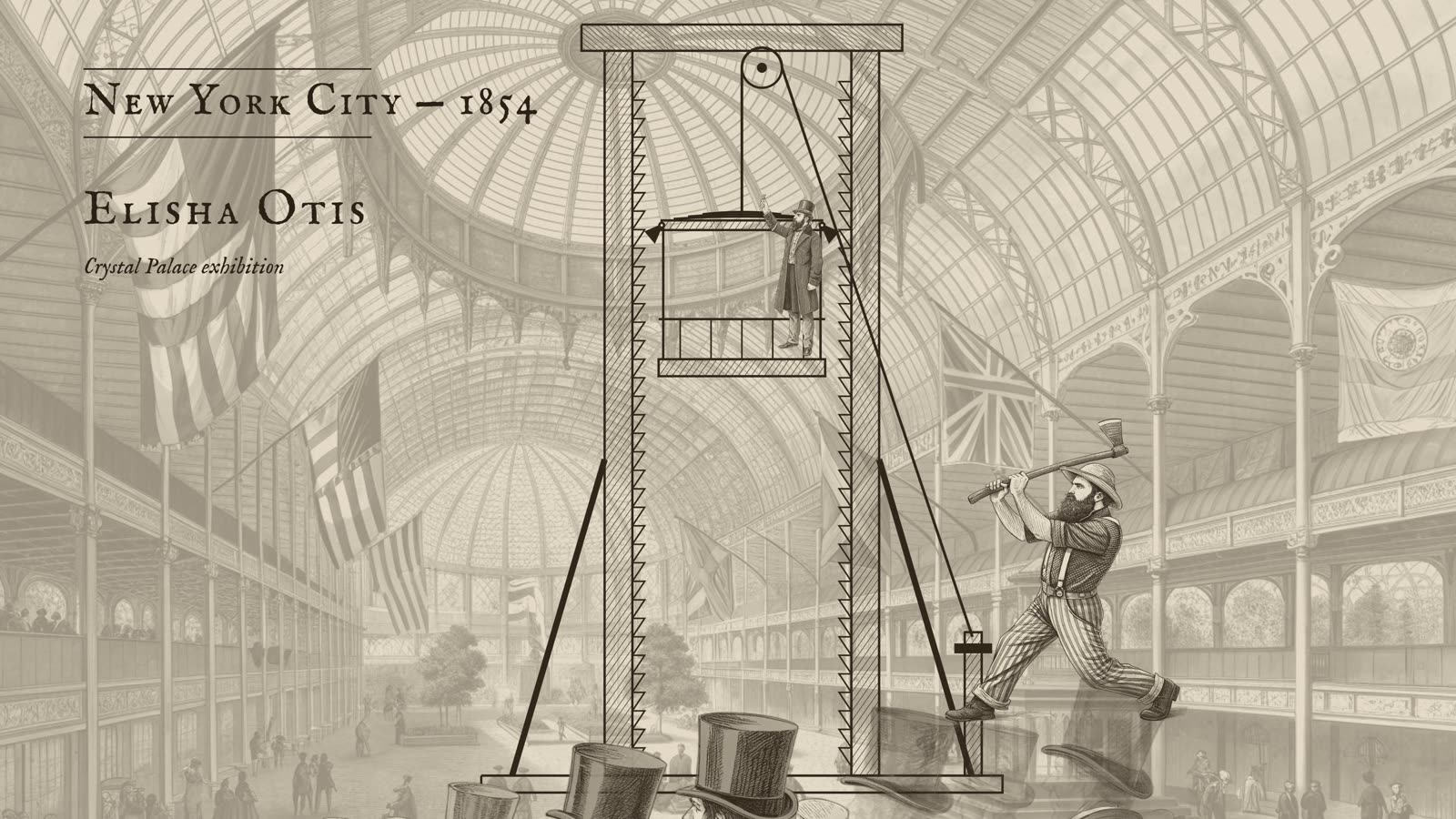 1854, Elisha Otis: a 2D engraving-style history beat